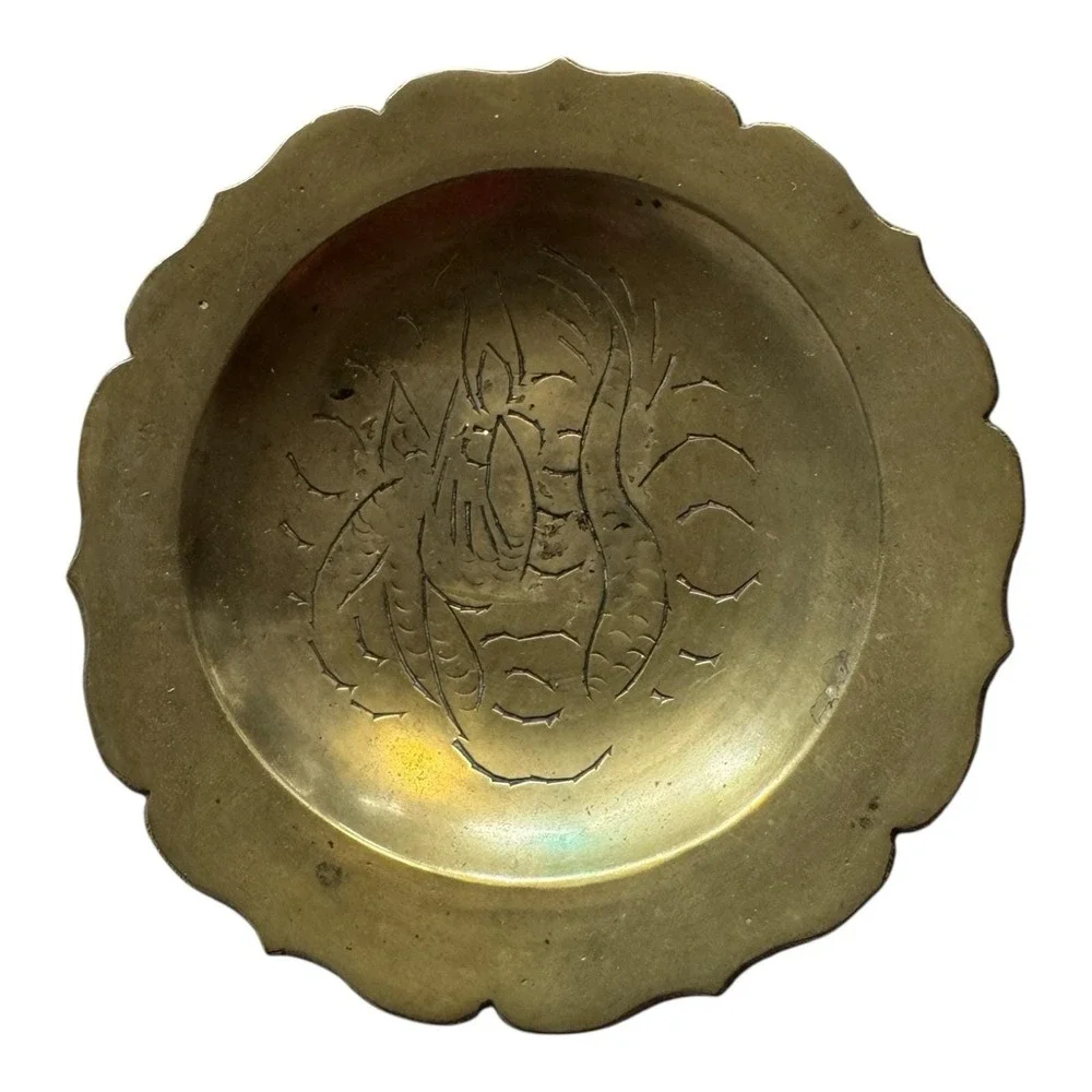Chinese Brass Trinket Dish Ash Tray Stamped‎ Design Scalloped